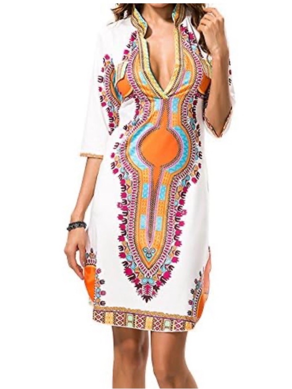 Women's Dashiki V Neck Vintage Printed Style Summer Shift Dress